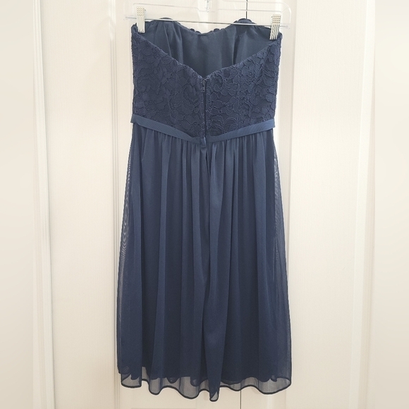 David’s Bridal Navy Blue Short Scalloped Strapless Lace Mesh Dress - Picture 3 of 9